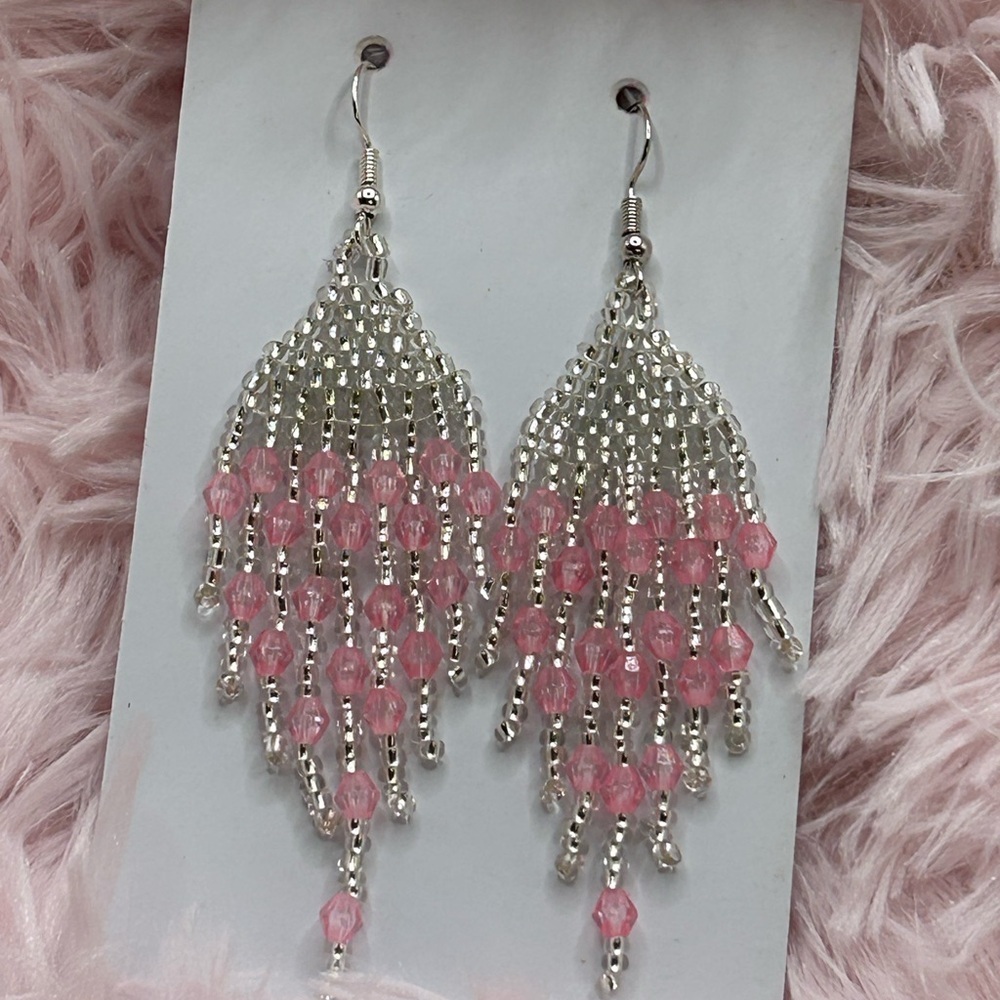 Silver & Pink Crystal Fringe Earrings